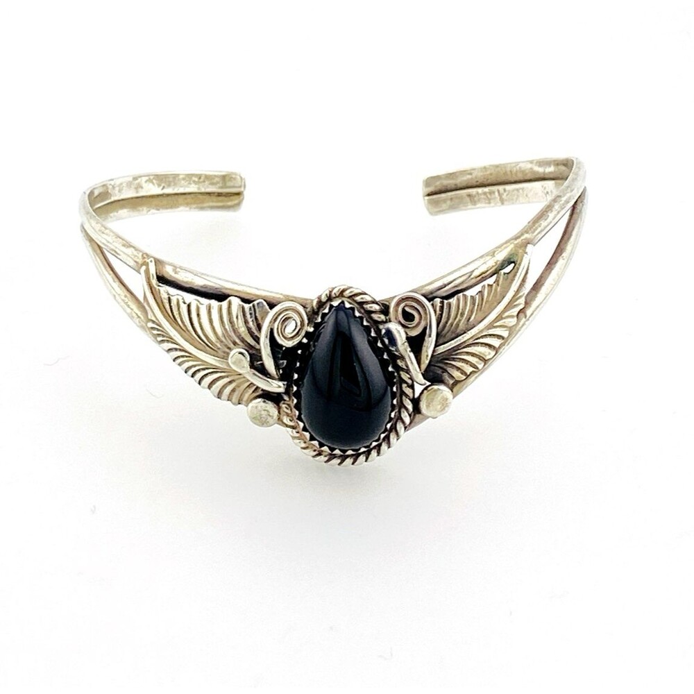 Native American Sterling Silver Feather Black Onyx Cuff Signed J Vintage
